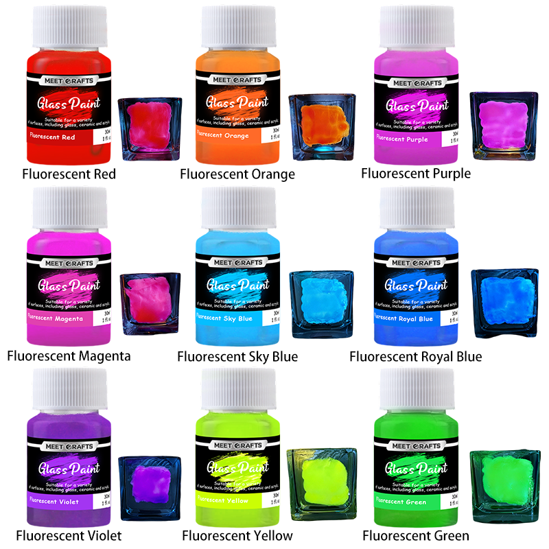 Meetcrafts Fluorescent Stained Glass Paint Set 9 Colors – Semi-Transparent, Glows under UV Light, Water-Based, Eco-Friendly, Low Odor, 30ml, Ideal for DIY Projects on Glass, Ceramic, and Porcelain.