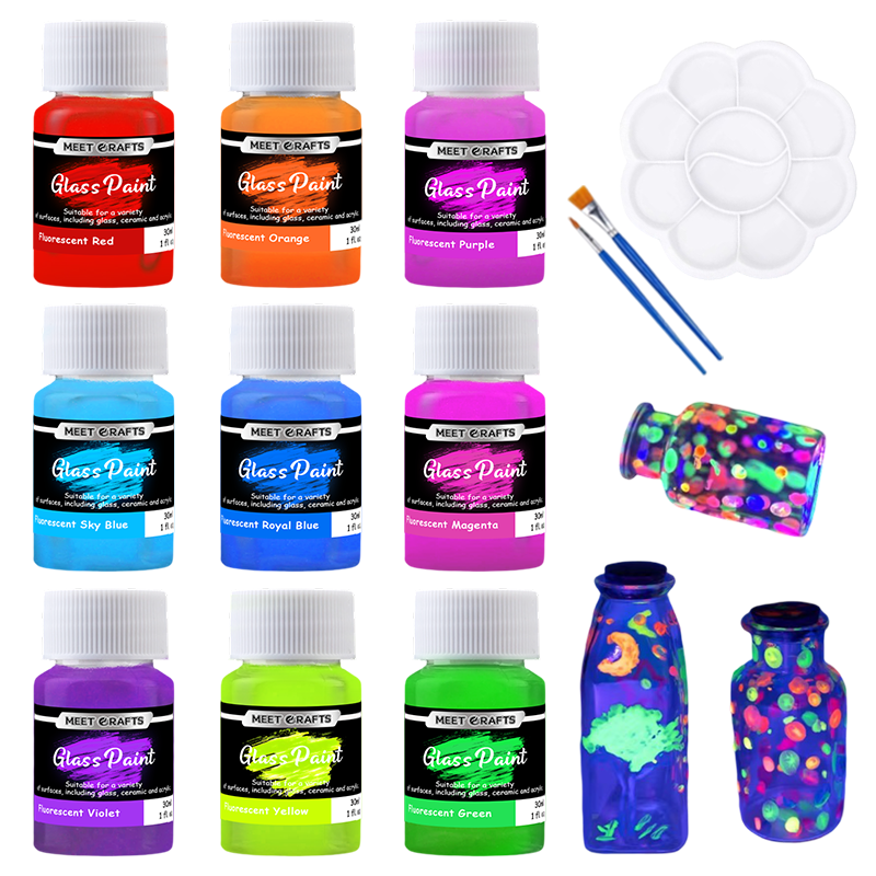 Meetcrafts Fluorescent Stained Glass Paint Set 9 Colors – Semi-Transparent, Glows under UV Light, Water-Based, Eco-Friendly, Low Odor, 30ml, Ideal for DIY Projects on Glass, Ceramic, and Porcelain.
