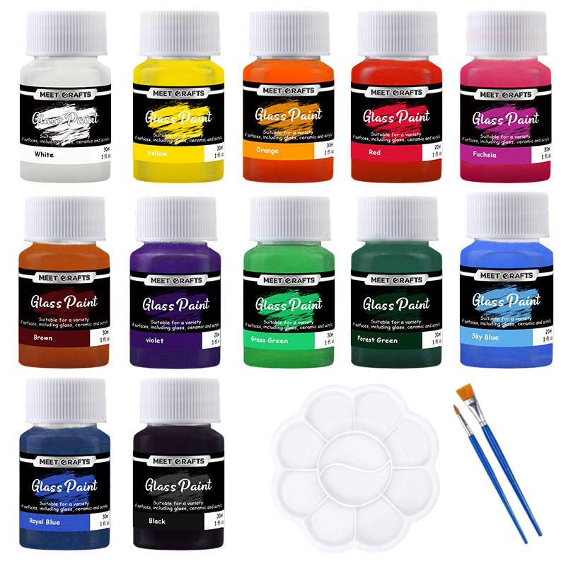Meetcrafts Stained Glass Paint 12 Colors Set – Semi-Transparent, Dishwasher Safe, Eco-Friendly Water-Based Paint, Low Odor, 30ml, Easy DIY for Glass, Ceramic & Porcelain Art