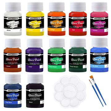 Meetcrafts Stained Glass Paint 12 Colors Set – Semi-Transparent, Dishwasher Safe, Eco-Friendly Water-Based Paint, Low Odor, 30ml, Easy DIY for Glass, Ceramic & Porcelain Art