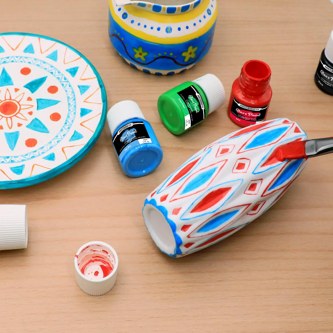 Meetcrafts Stained Glass Paint 12 Colors Set – Semi-Transparent, Dishwasher Safe, Eco-Friendly Water-Based Paint, Low Odor, 30ml, Easy DIY for Glass, Ceramic & Porcelain Art