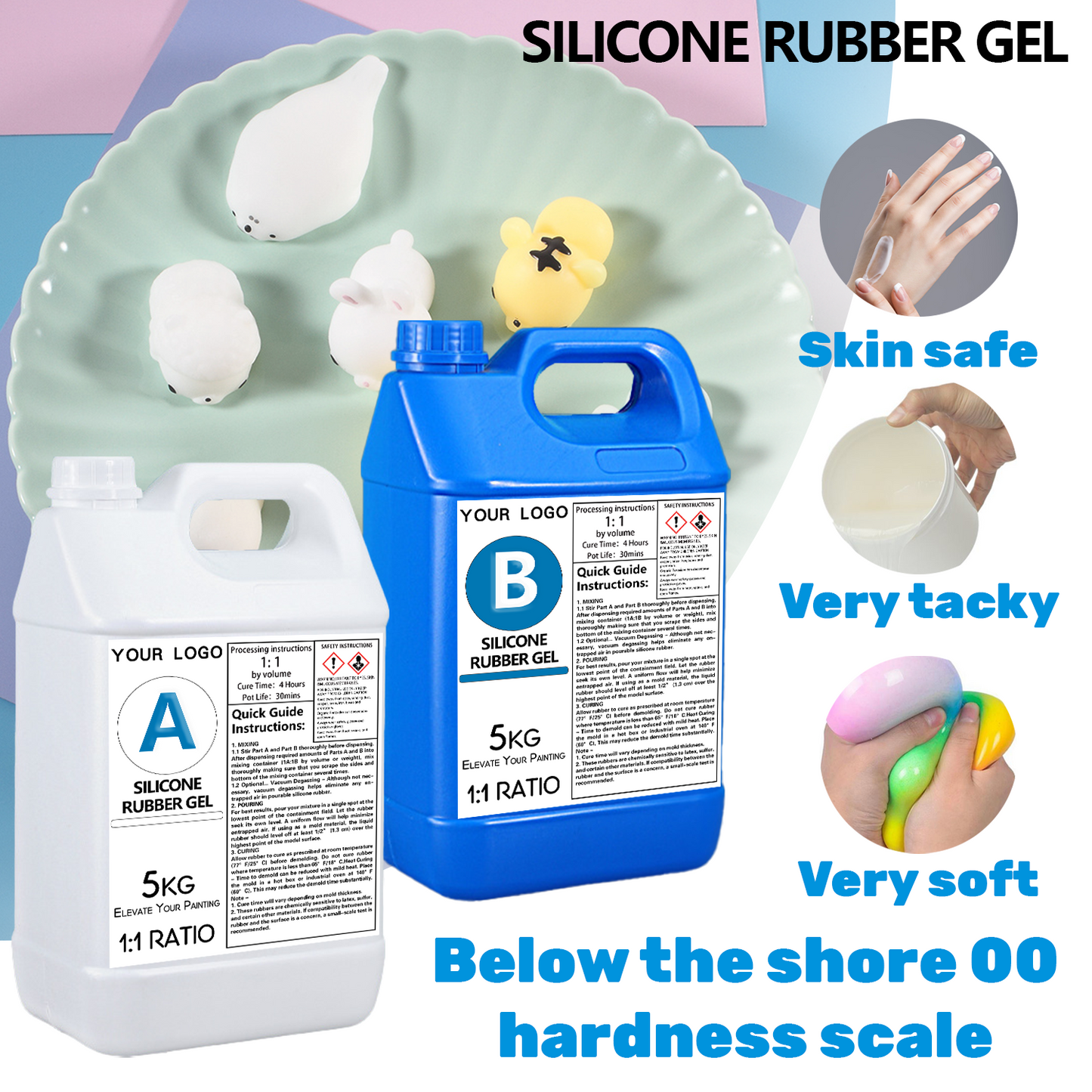 Gel de caoutchouc de silicone platine 1A:1B sans danger pour la peau et résistant aux produits chimiques pour la fabrication d'accessoires et d'artisanat anti-stress, 5 kg/bouteille 