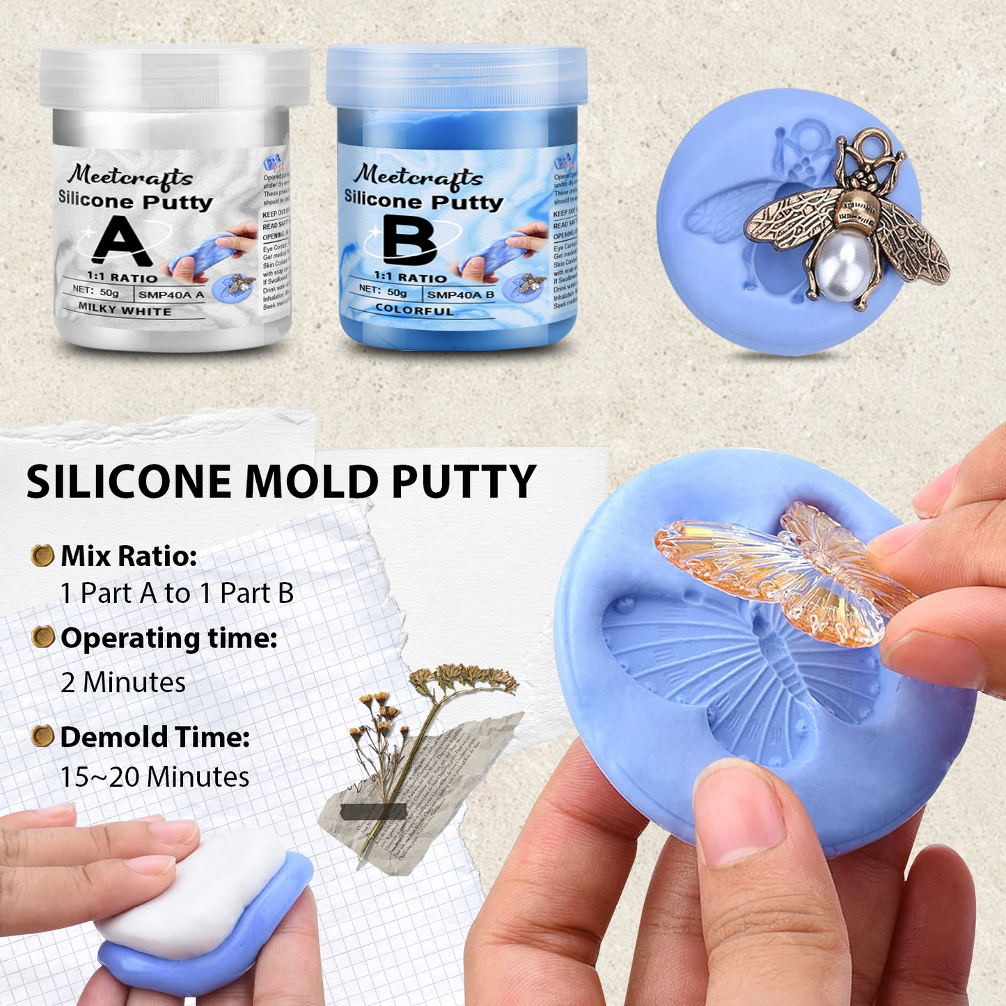 Kit de fabricación de moldes de silicona sólida de alta resistencia a la tracción Meetcrafts 50 gA + 50 gB para la fabricación de moldes de silicona reutilizables 