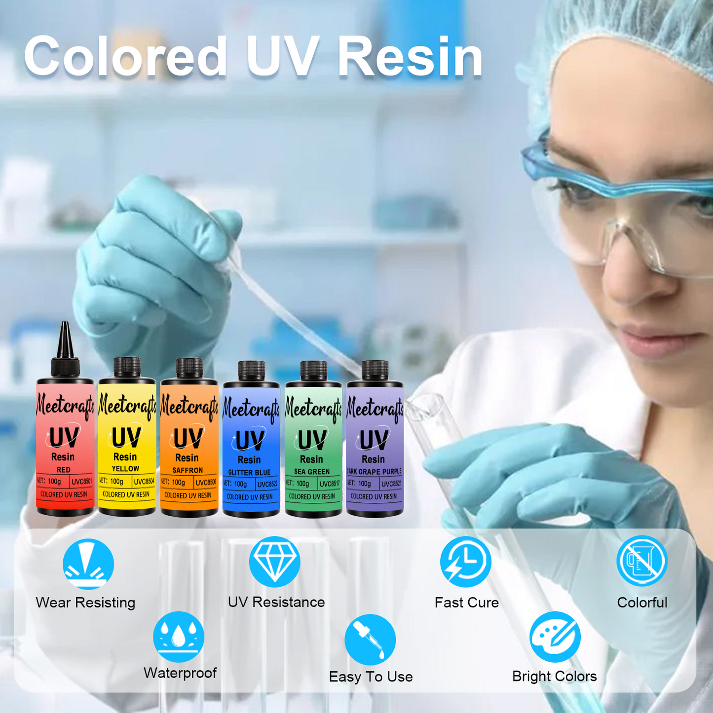 Kit de resina UV de colores para manualidades, 100 g por botella 